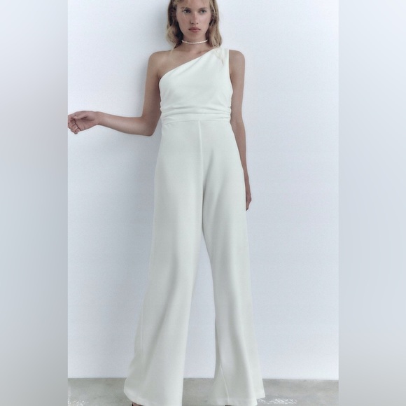 Zara jumpsuit white asymmetric wide leg wedding shower party - Picture 5 of 5
